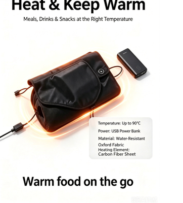Tas pemanas makanan mandiri bertenaga USB untuk pemanasan makanan kemasan yang stabil dan lembut cocok untuk bepergian, piknik, dan sehari-hari