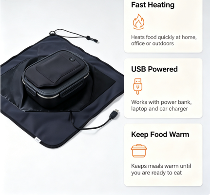 Tas pemanas makanan mandiri bertenaga USB untuk pemanasan makanan kemasan yang stabil dan lembut cocok untuk bepergian, piknik, dan sehari-hari