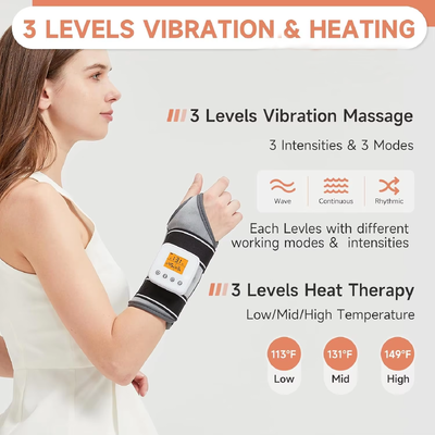 Pakaian Lembut Penjaga Dukungan Pergelangan Tangan Dipanaskan dengan Pijat Getaran, Multi Timing Modes Rechargeable Heating Wrist Brace
