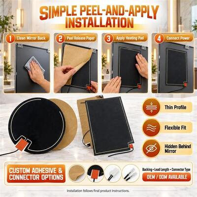 Graphene Mirror Defogger Heating Pad, Bentuk Ukuran Tegangan Kustom, Film Fleksibel Tahan Kelembaban untuk Cermin Kamar Mandi