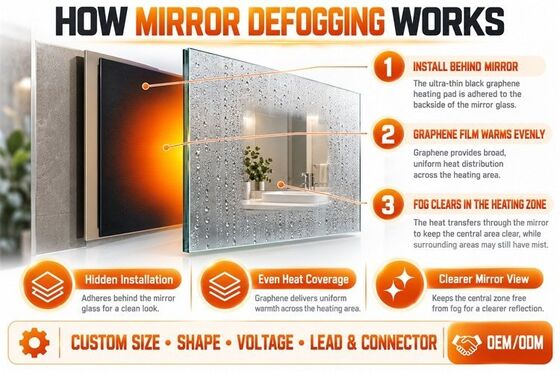 Graphene Mirror Defogger Heating Pad, Bentuk Ukuran Tegangan Kustom, Film Fleksibel Tahan Kelembaban untuk Cermin Kamar Mandi