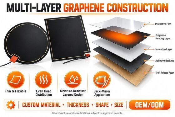 Graphene Mirror Defogger Heating Pad, Bentuk Ukuran Tegangan Kustom, Film Fleksibel Tahan Kelembaban untuk Cermin Kamar Mandi