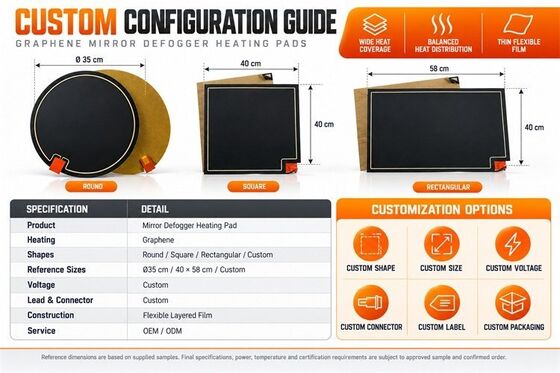 Graphene Mirror Defogger Heating Pad, Bentuk Ukuran Tegangan Kustom, Film Fleksibel Tahan Kelembaban untuk Cermin Kamar Mandi