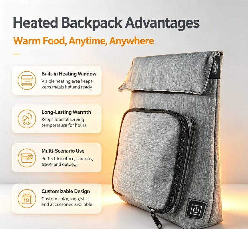 Tas Penghangat Makanan USB Pemanas OEM ODM Logo Kustom, Tas Pemanas Pengisian Daya Lepas Pasang Tahan Air Anti Bocor Dapat Dicuci untuk Piknik Perjalanan Sekolah
