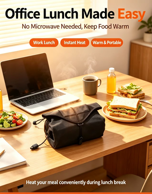 Tas penghangat makanan portabel dengan input USB dan permukaan perekat diri untuk menghangatkan wadah makanan kemasan berbagai macam dengan aman dan nyaman di luar ruangan
