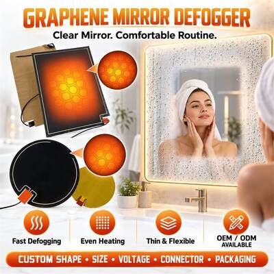 Graphene Mirror Defogger Heating Pad, Bentuk Ukuran Tegangan Kustom, Film Fleksibel Tahan Kelembaban untuk Cermin Kamar Mandi