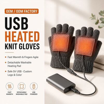 Sarung Tangan Rajut Pemanas USB, Sarung Tangan Musim Dingin Tanpa Jari 5V dengan Bantalan Pemanas Velcro Lepas Pasang, Kehangatan Konstan 40-50C, Perlindungan Panas Berlebih, CE FCC RoHS, Logo Warna dan Kemasan Kustom